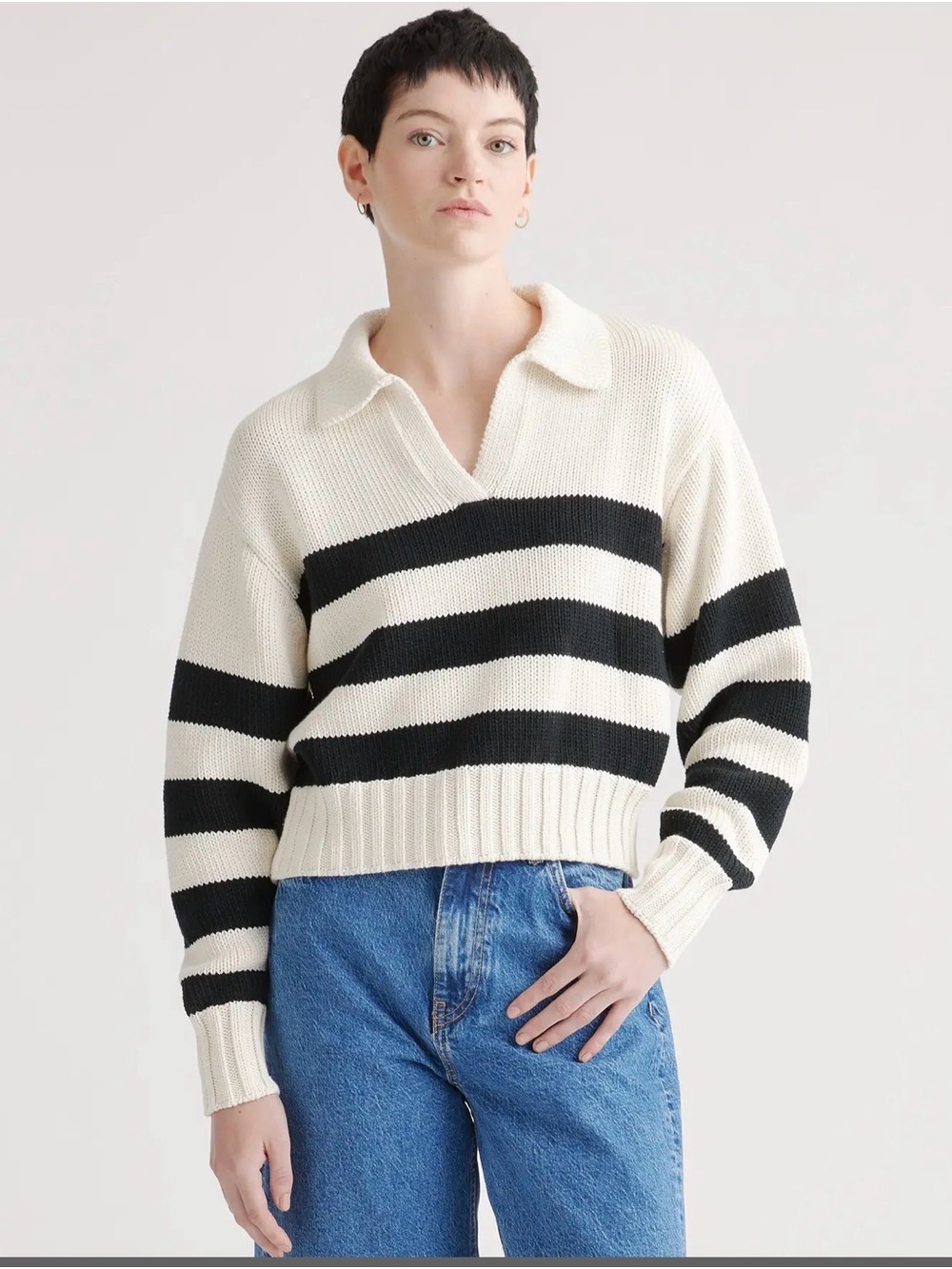 Quince Ivory and Black Striped Collared Sweater